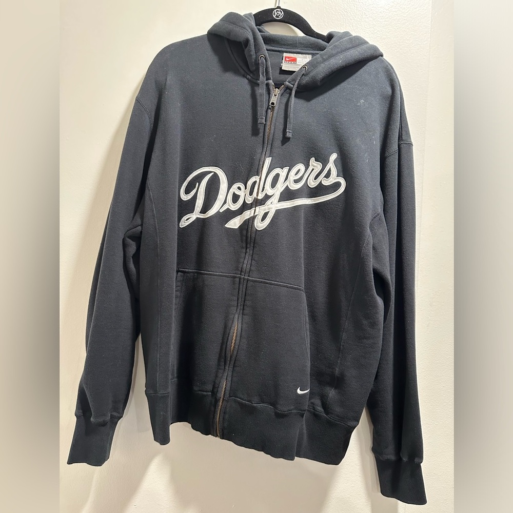 Nike Dodgers Black Full-Zip Bomber Hoodie with White Script Size Large Vintage
